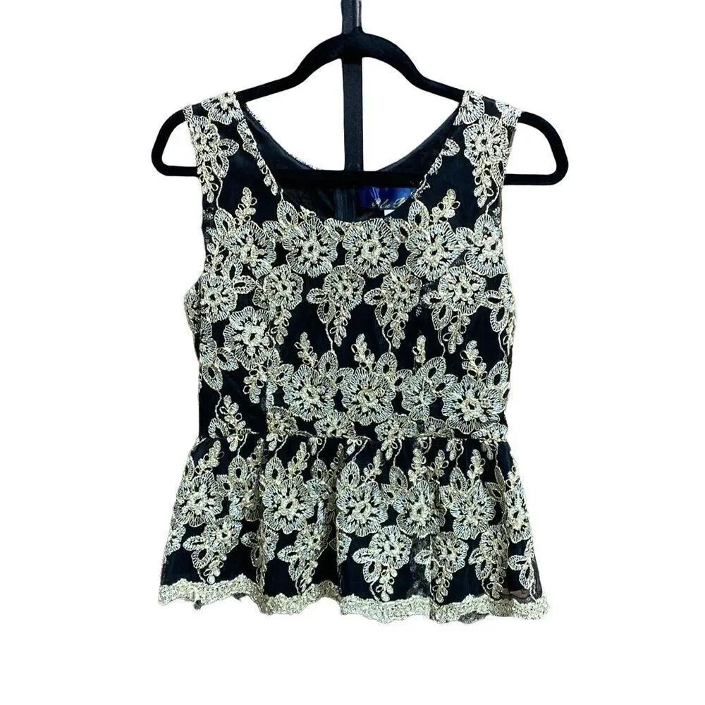 Blue Rain Black & Gold Embroidered Peplum Top Size Medium